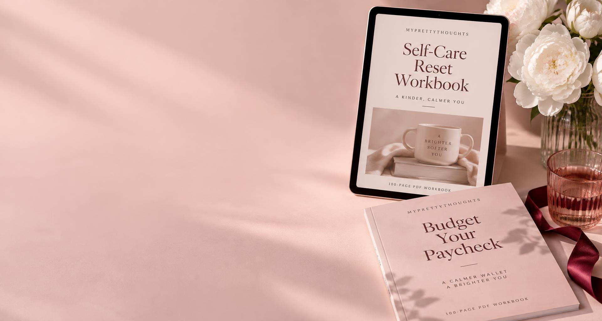 Self-Care Reset Workbook and Budget Your Paycheck styled with peonies and a satin ribbon